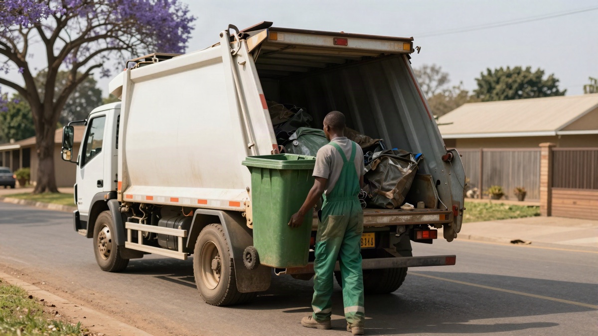 Collection crew lifting a green wheelie bin on a Harare street