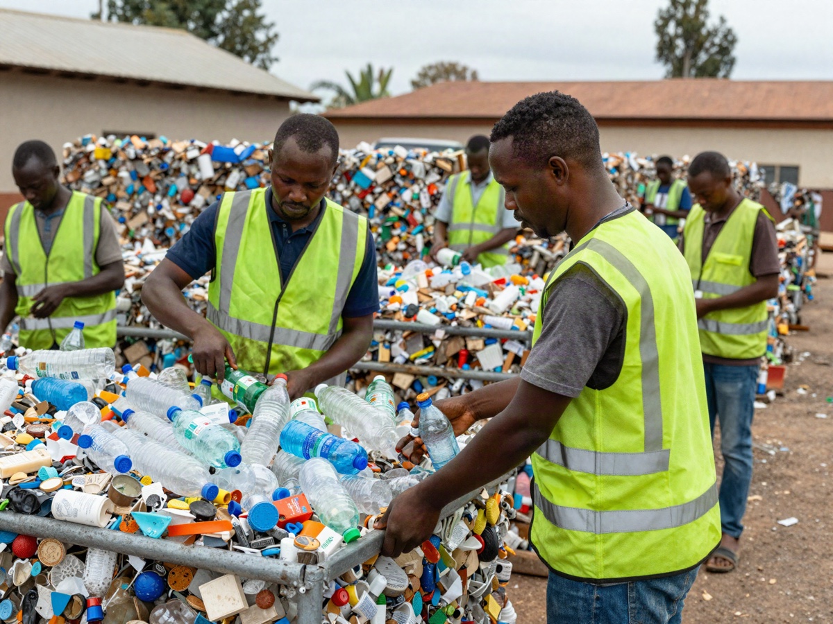 Recycling centre team sorting plastics
